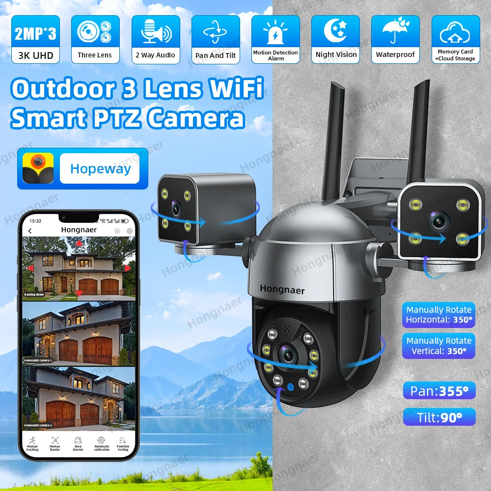 Hongnaer 8MP 3 Screens WiFi Smart Outdoor Wireless PTZ IP Camera Hopeway 3 Lens 4K Video 360 WiFi CCTV Home Security Camera