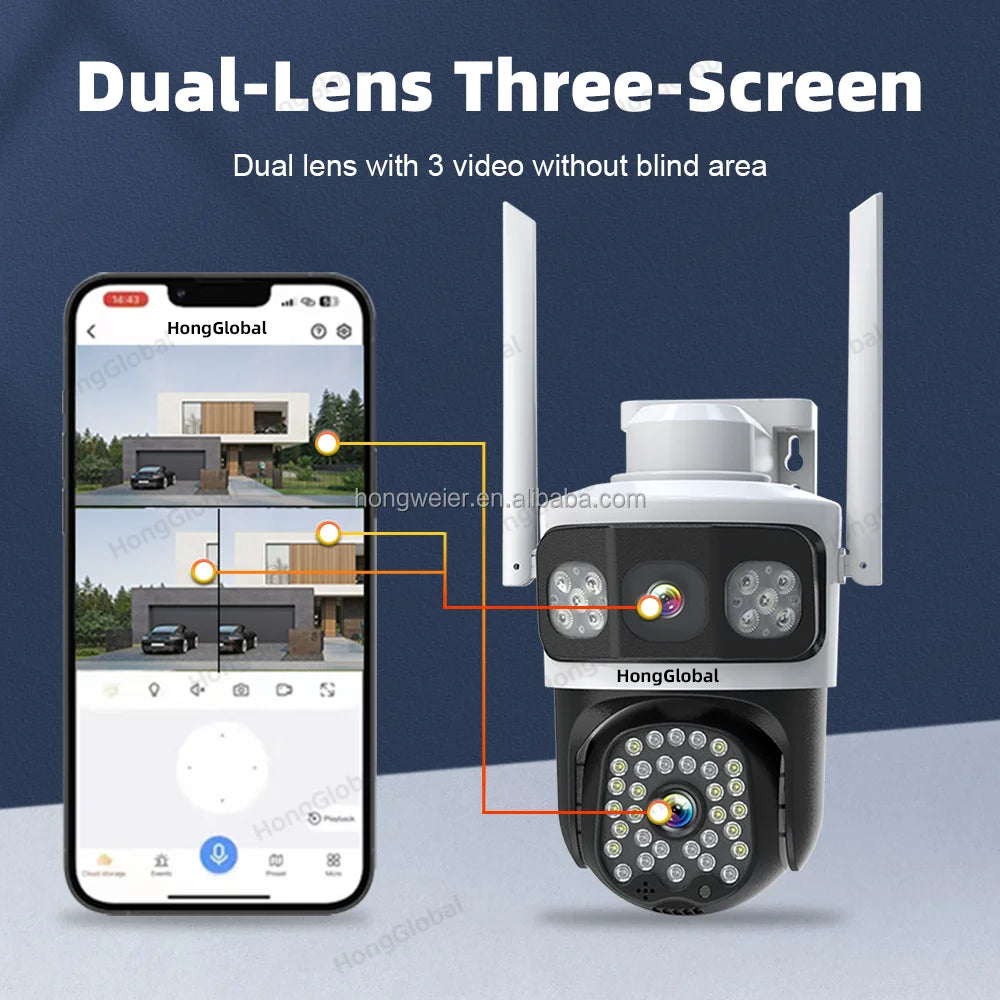 HongGlobal 8MP 3 Screen Outdoor 360 Surveil Camera Eseecloud 4K Video Dual Lens WiFi Network Home Security CCTV Wireless Camera