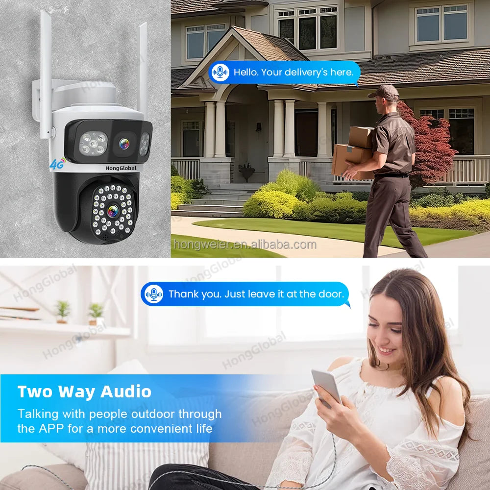 HongGlobal 8MP 4G LTE 3 Screen Surveil Home Smart Camera Eseecloud Dual Lens 4K Home Security 4G Sim Card CCTV Wireless Camera