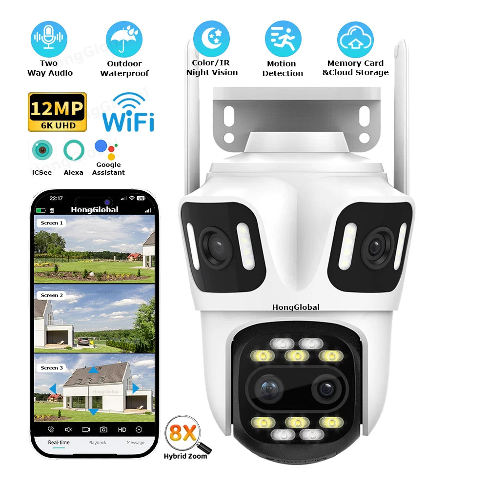 HongGlobal 12MP 360 Degree Outdoor PTZ Wireless Camera ICSee Four Lenses 8X Zoom WiFi Surveil CCTV Network Home Security Camera