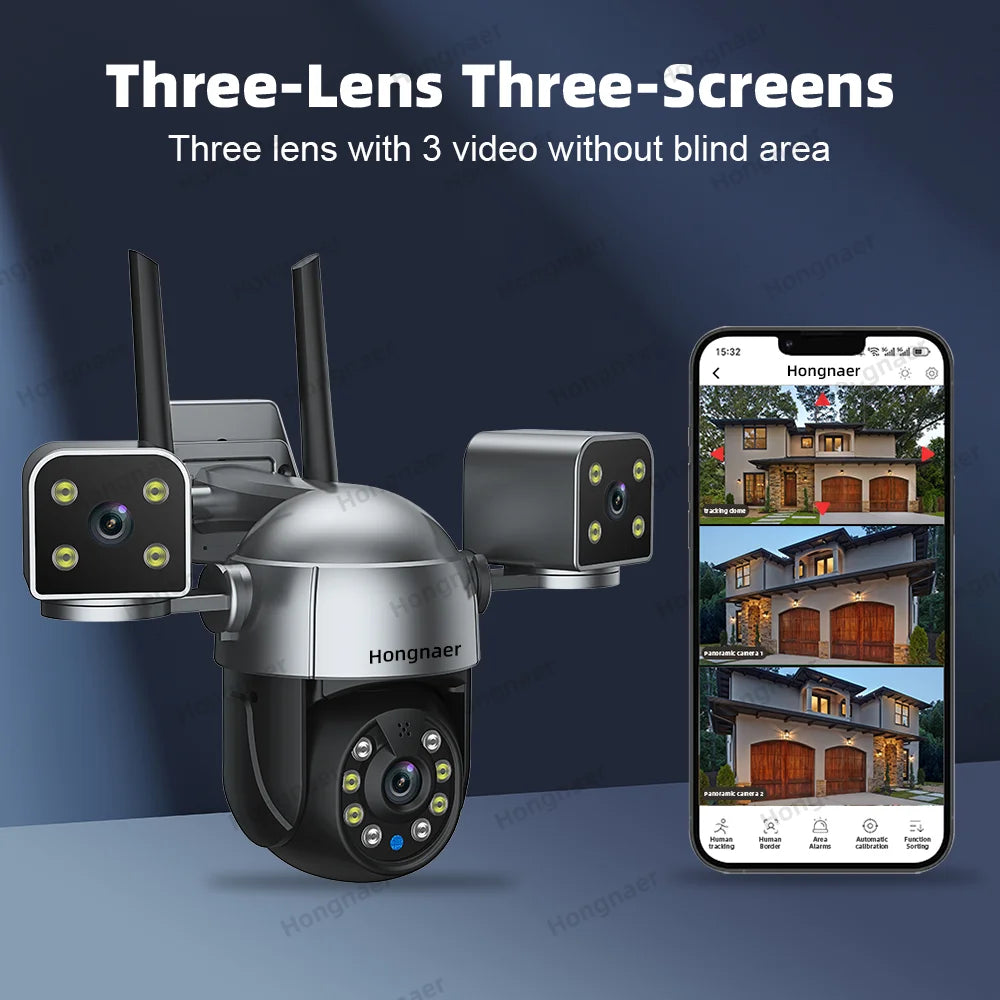 Hongnaer 8MP 3 Screens WiFi Smart Outdoor Wireless PTZ IP Camera Hopeway 3 Lens 4K Video 360 WiFi CCTV Home Security Camera