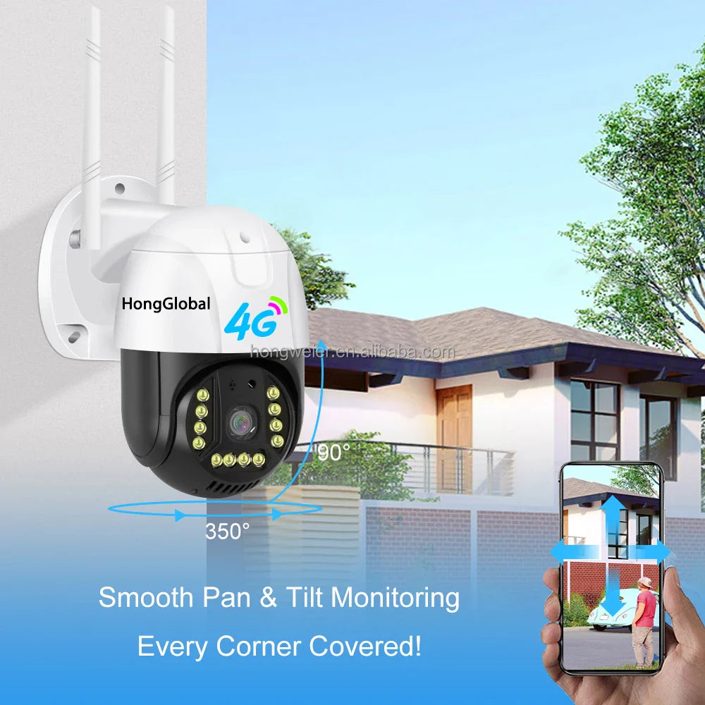 HongGlobal 5MP 4G LTE Video Outdoor 360 Degree Surveil Smart PTZ CCTV Camera V380 Pro 4G Sim Card Wireless Home Security Camera