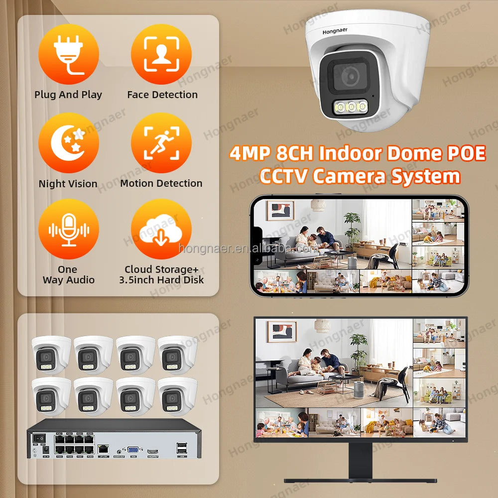 Système de vidéosurveillance sans fil Hongnaer 4MP dôme intérieur POE 8 canaux NVR IP Kit de caméras de sécurité pour la maison