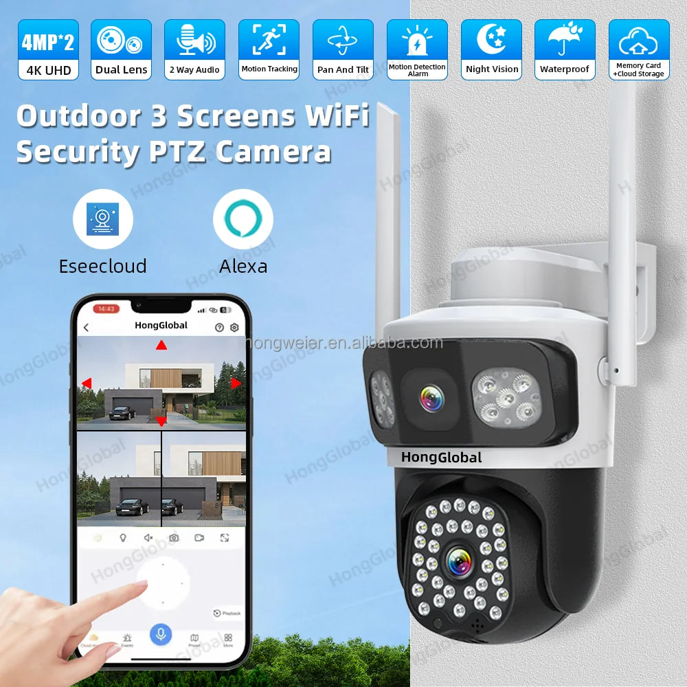 HongGlobal 8MP 3 Screen Outdoor 360 Surveil Camera Eseecloud 4K Video Dual Lens WiFi Network Home Security CCTV Wireless Camera