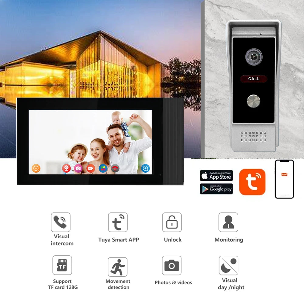 Waterproof 1024x600 WiFi Two-Way Intercom with 7-inch Screen Video Door Phone Home Security Equipment for Home Can Record Videos