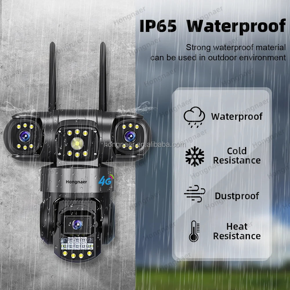 Hongnaer 6MP Outdoor 4G 3 Video Surveil Wireless CCTV IP Camera 3 Lens V380 Pro 360 PTZ 4G Sim Card Network Home Security Camera
