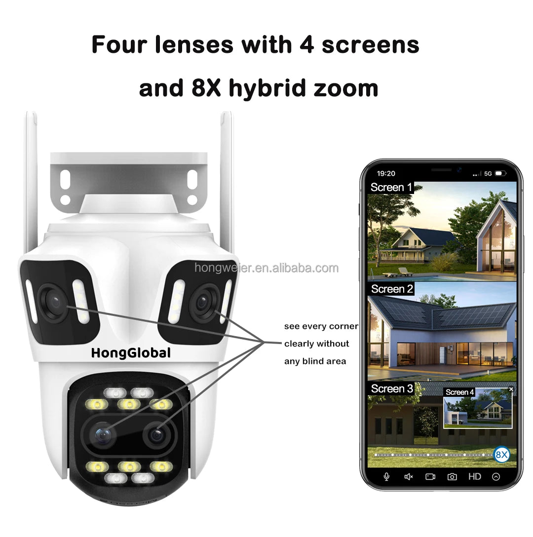 HongGlobal 12MP 360 Degree Outdoor PTZ Wireless Camera ICSee Four Lenses 8X Zoom WiFi Surveil CCTV Network Home Security Camera