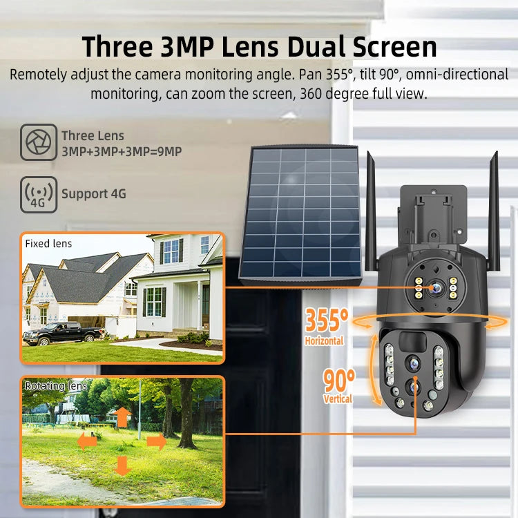18000mAh Solar Panel 4G Outdoor Security Camera 3MP*3 Lens 10X Zoom Two-Way Audio Cloud Storage 8W CMOS Sensor Wide Night Vision