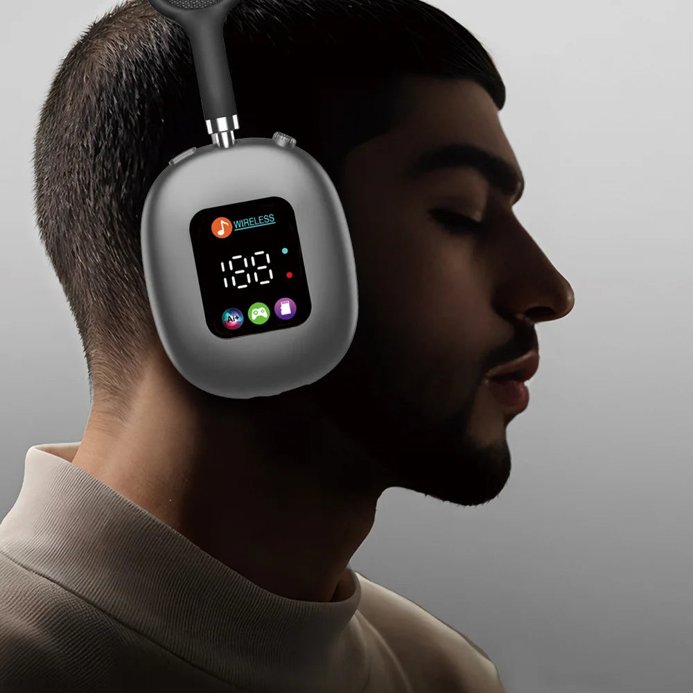 MAX600  New Wireless Over-Ear Bt Headphones with RGB Digital Display Screen Earphones and TF Card Gaming TWS HIFI Music