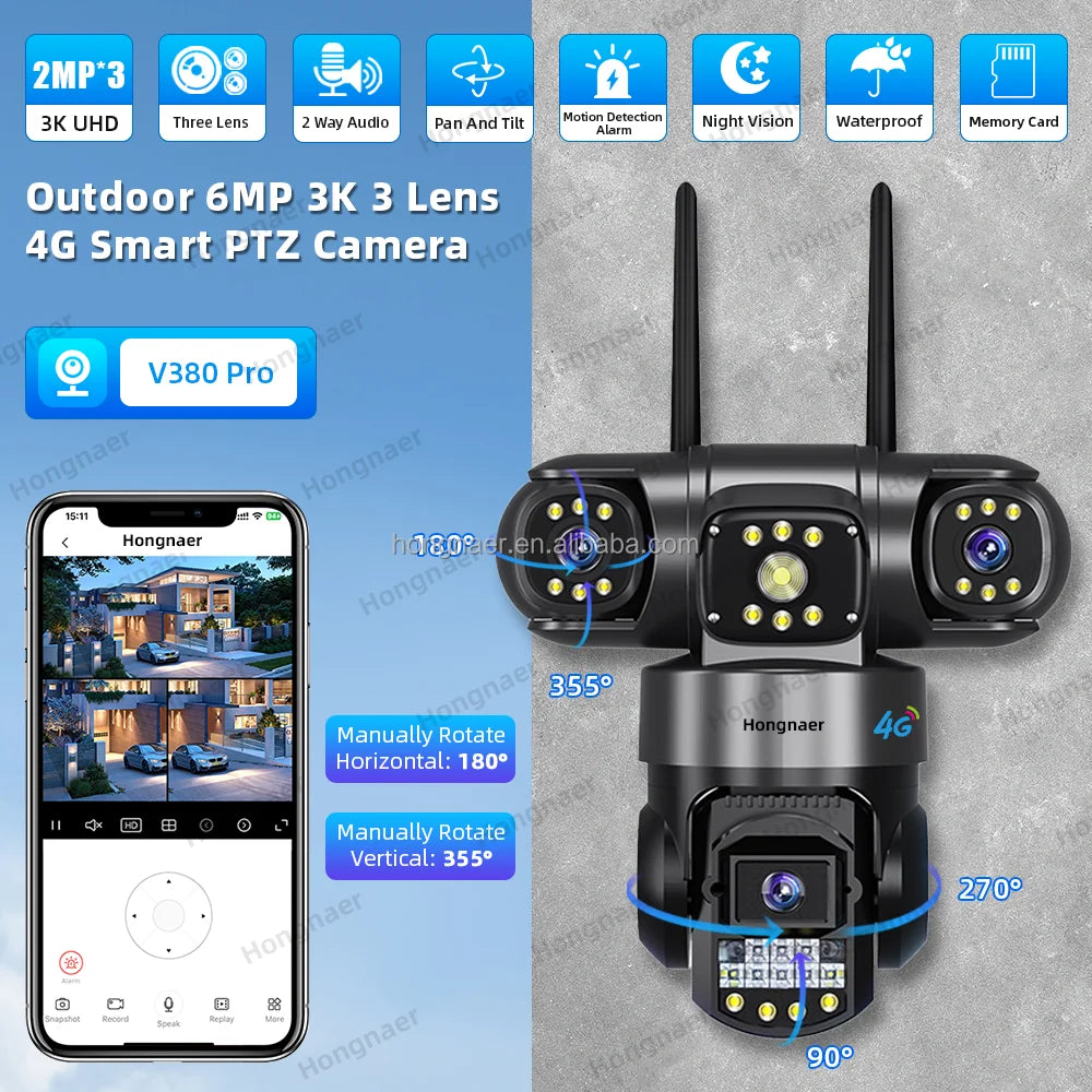 Hongnaer 6MP Outdoor 4G 3 Video Surveil Wireless CCTV IP Camera 3 Lens V380 Pro 360 PTZ 4G Sim Card Network Home Security Camera