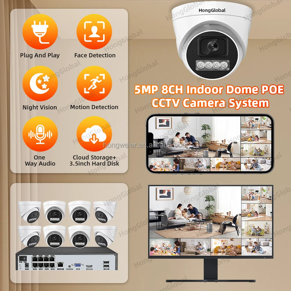 HongGlobal 5MP Kit POE Home Security Camera Set Network Video Recorder NVR 8 Channel Wireless Surveil System CCTV Camera System