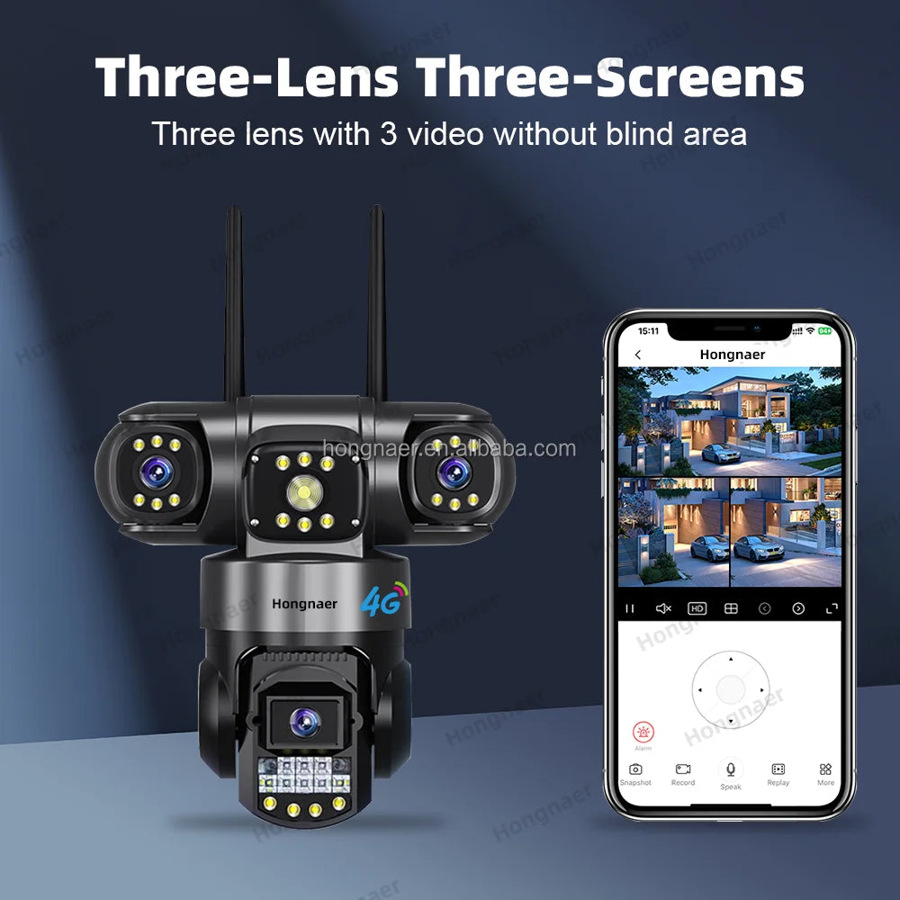 Hongnaer 6MP Outdoor 4G 3 Video Surveil Wireless CCTV IP Camera 3 Lens V380 Pro 360 PTZ 4G Sim Card Network Home Security Camera