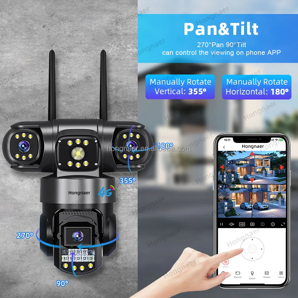 Hongnaer 6MP Outdoor 4G 3 Video Surveil Wireless CCTV IP Camera 3 Lens V380 Pro 360 PTZ 4G Sim Card Network Home Security Camera