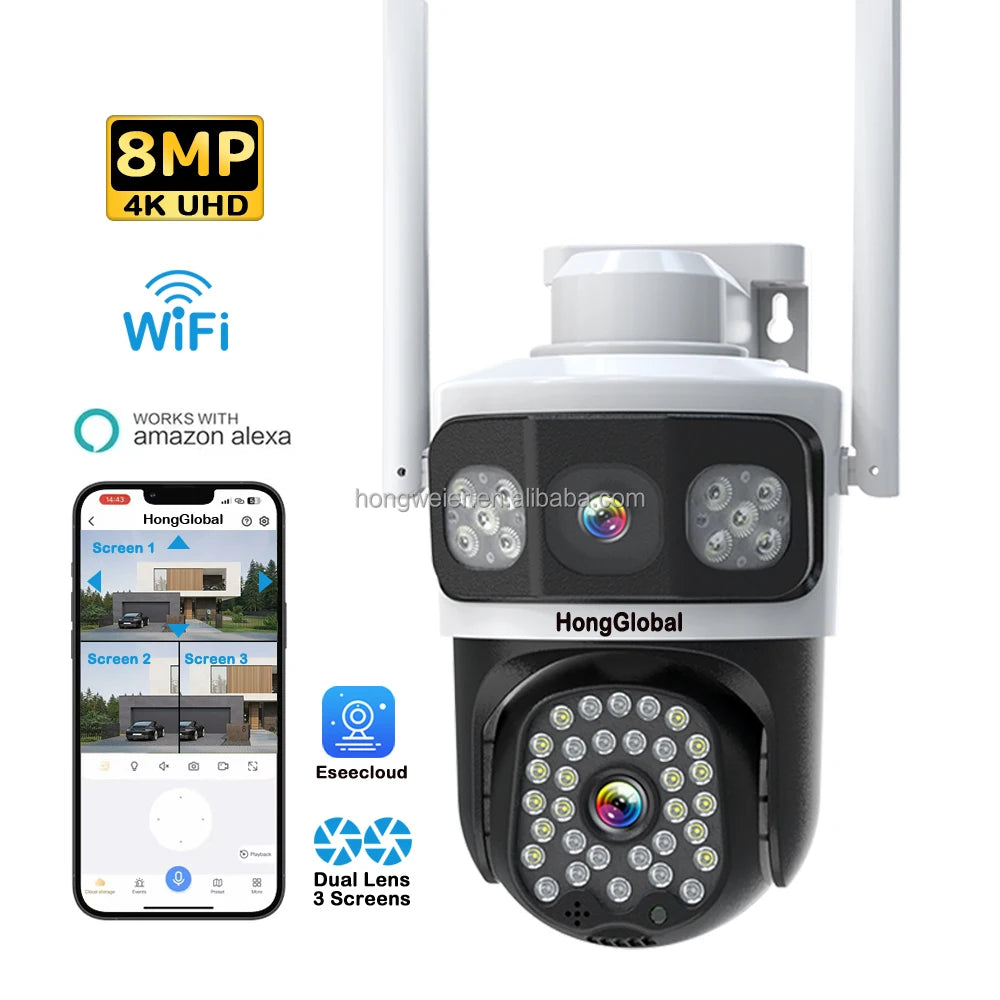 HongGlobal 8MP 3 Screen Outdoor 360 Surveil Camera Eseecloud 4K Video Dual Lens WiFi Network Home Security CCTV Wireless Camera