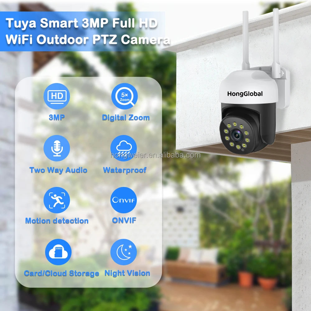 HongGlobal 3MP Smart Monitor Wireless Video Surveillance Outdoor IP PTZ Camera 360 Degree Tuya WiFi CCTV Home Security Camera