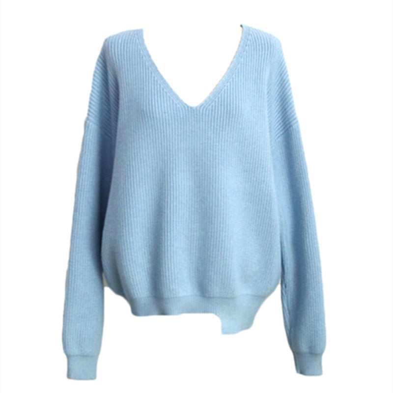 Women's Korean-style V-neck Loose And Lazy Style Simple And Irregular Sweater null