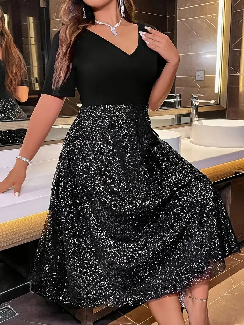 Random Point Hot Silver V-neck Short Sleeve A- Line Skirt Plus Size Women's Clothing Dress null