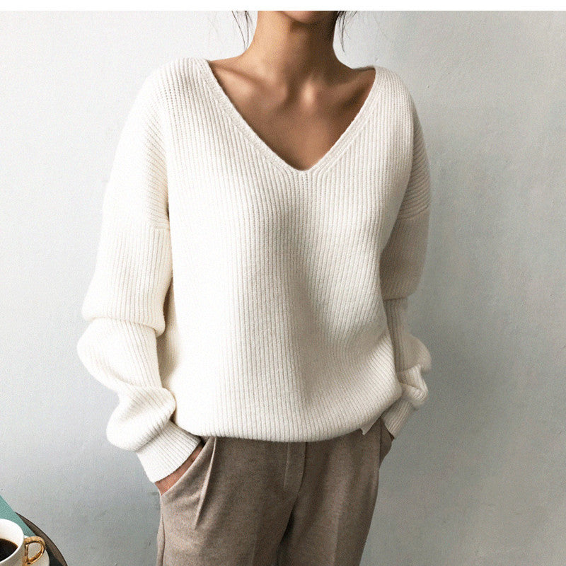 Women's Korean-style V-neck Loose And Lazy Style Simple And Irregular Sweater null