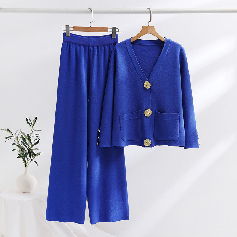 Contrast Color Daikin Button Sweater Women's Wide Leg Pants Knitted Two-piece null