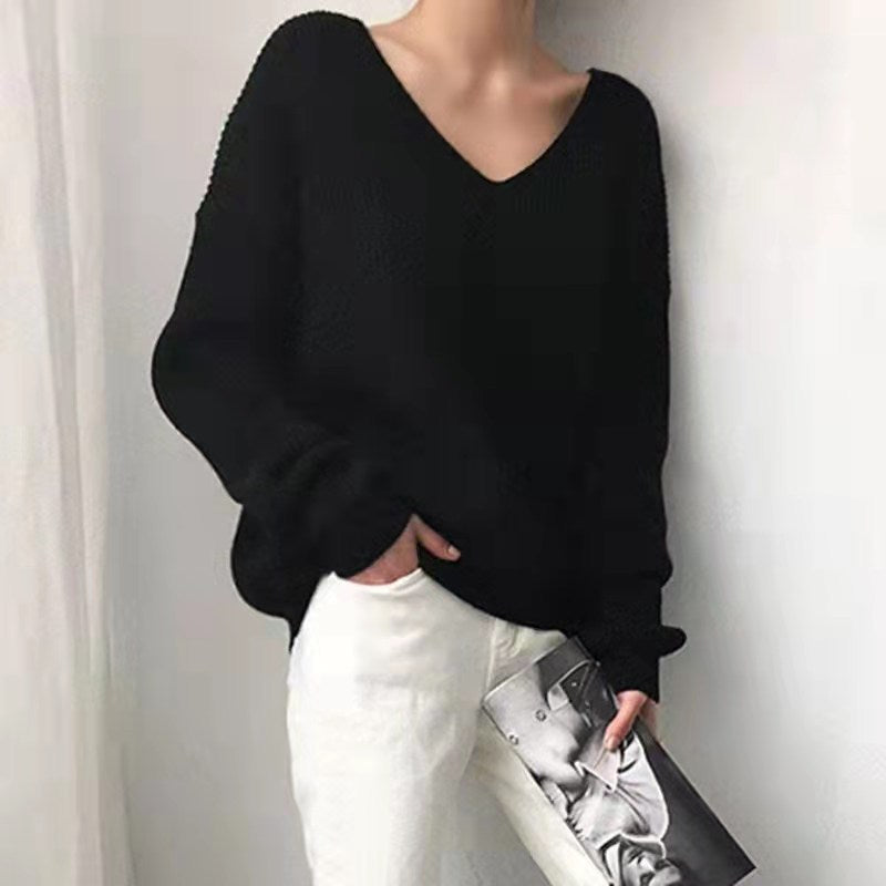 Women's Korean-style V-neck Loose And Lazy Style Simple And Irregular Sweater null