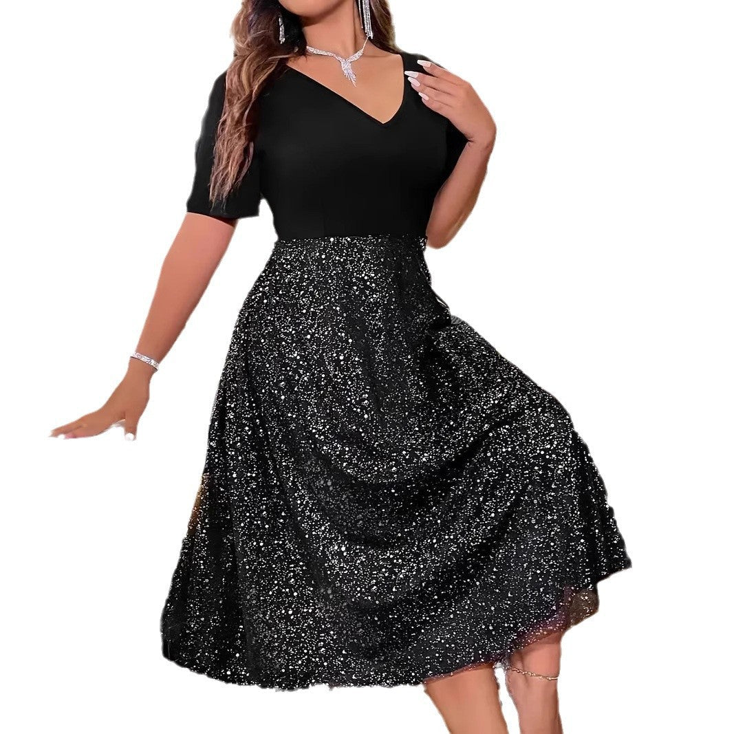 Random Point Hot Silver V-neck Short Sleeve A- Line Skirt Plus Size Women's Clothing Dress null