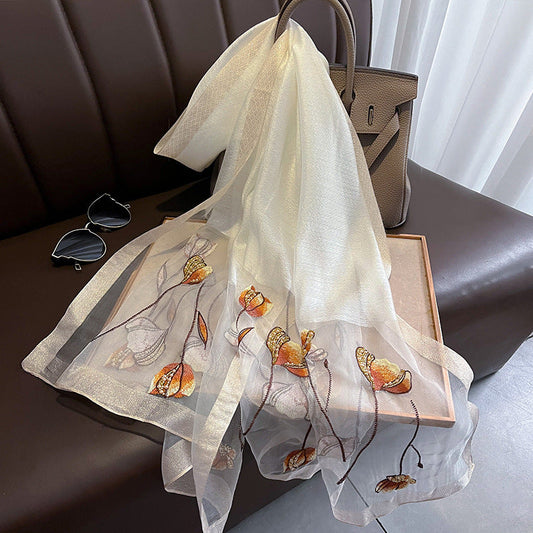 Chinese Style Pearl Flower Scarf Women's Embroidered Silk Scarf Warm Shawl null