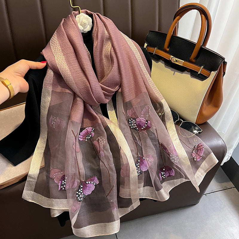 Chinese Style Pearl Flower Scarf Women's Embroidered Silk Scarf Warm Shawl null