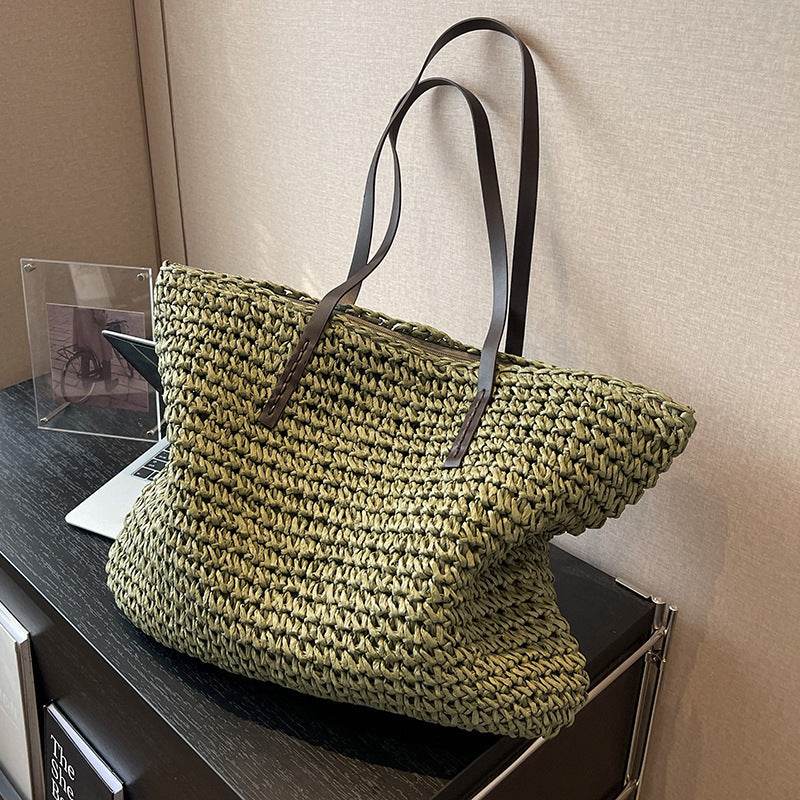Summer Woven Shoulder Bag Ins Fashion Large Capacity Handbags With Zipper Women's Beach Bags