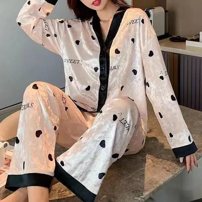 Women's Simple Printed Velvet Long Sleeves Trousers Pajamas Suit null