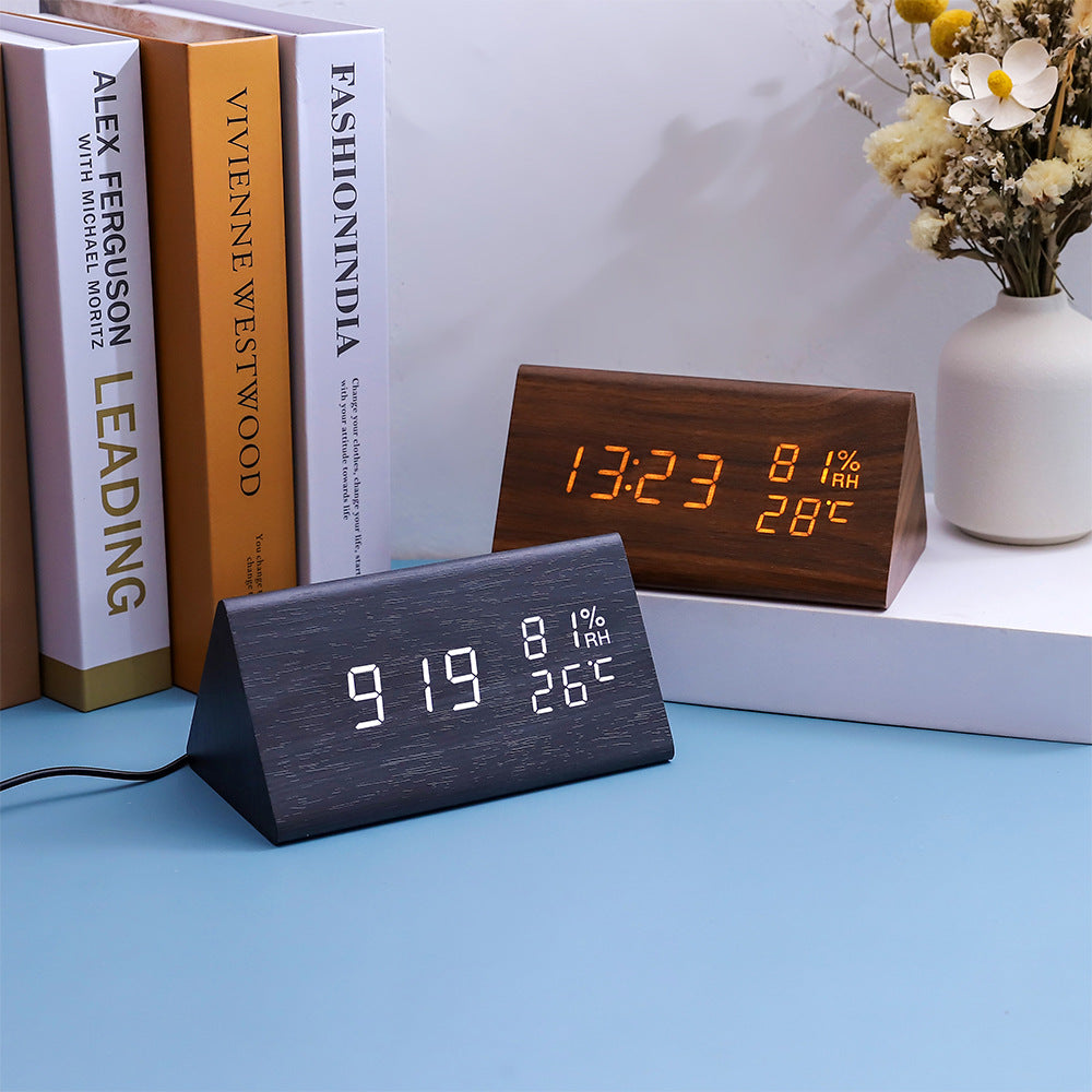 Electronic Alarm Clock Multifunctional Digital Display Temperature And Humidity Time Wood null