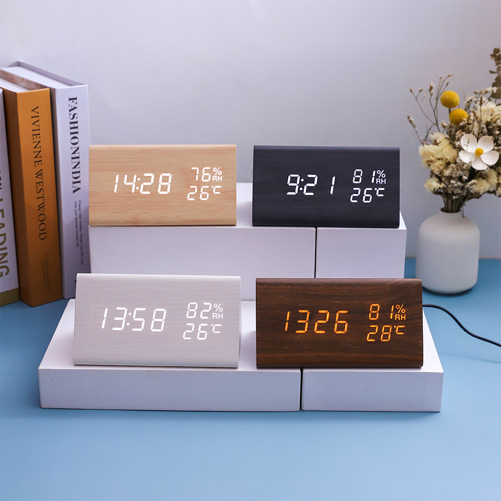 Electronic Alarm Clock Multifunctional Digital Display Temperature And Humidity Time Wood null