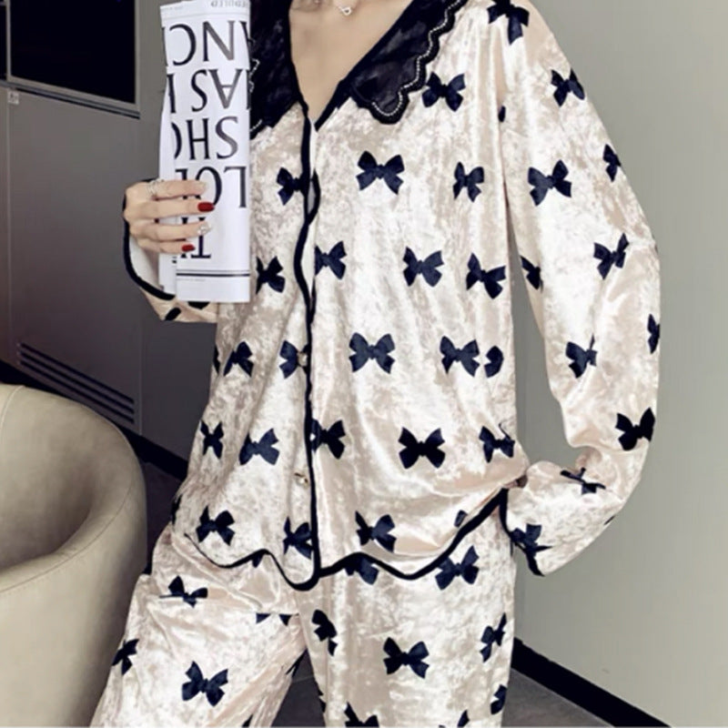 Women's Simple Printed Velvet Long Sleeves Trousers Pajamas Suit null