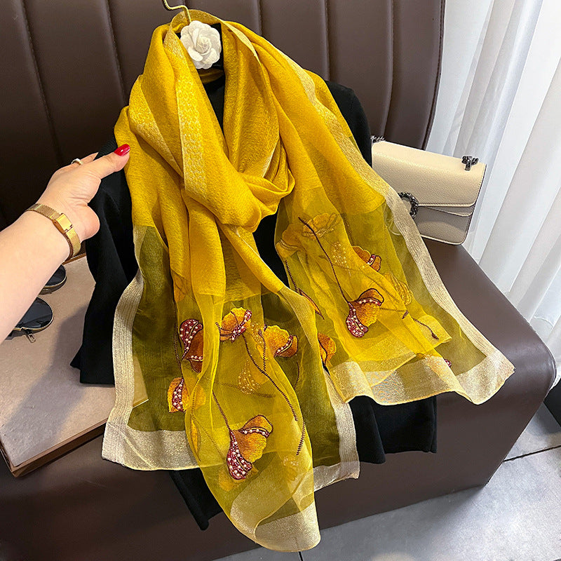 Chinese Style Pearl Flower Scarf Women's Embroidered Silk Scarf Warm Shawl null