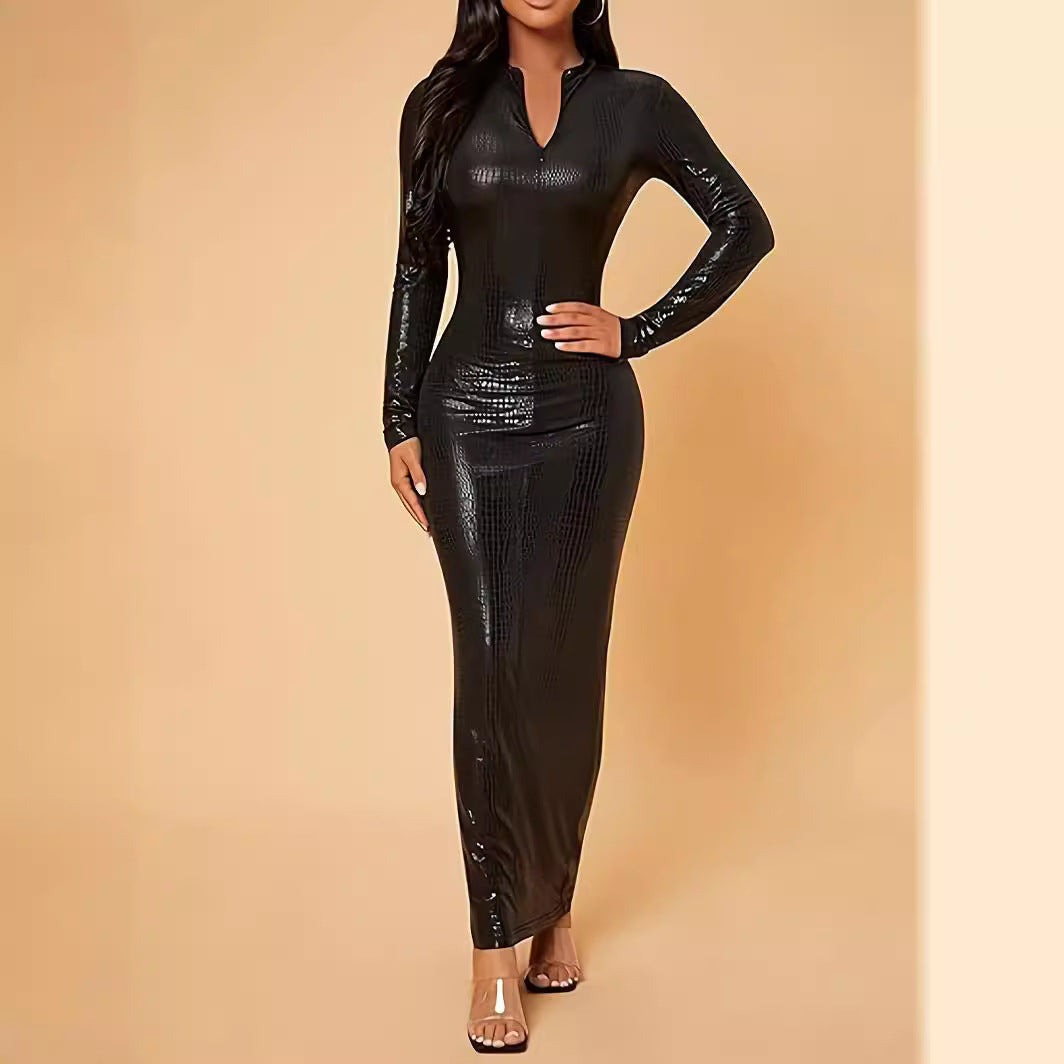 Elastic Tight Front Open Package Hip With A Zipper Long Sleeve Dress Women null