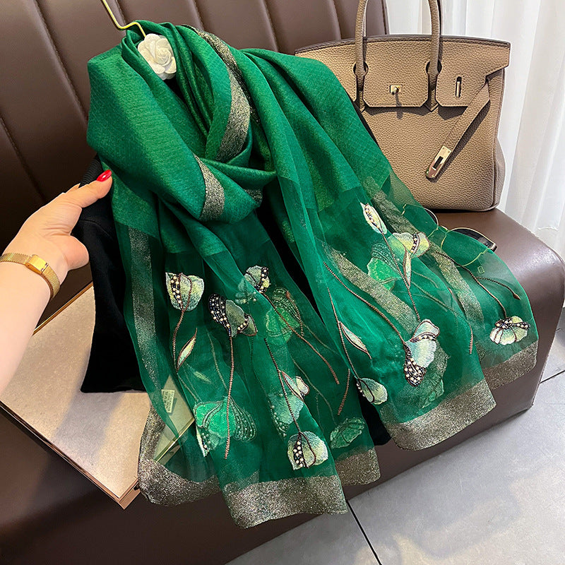 Chinese Style Pearl Flower Scarf Women's Embroidered Silk Scarf Warm Shawl null