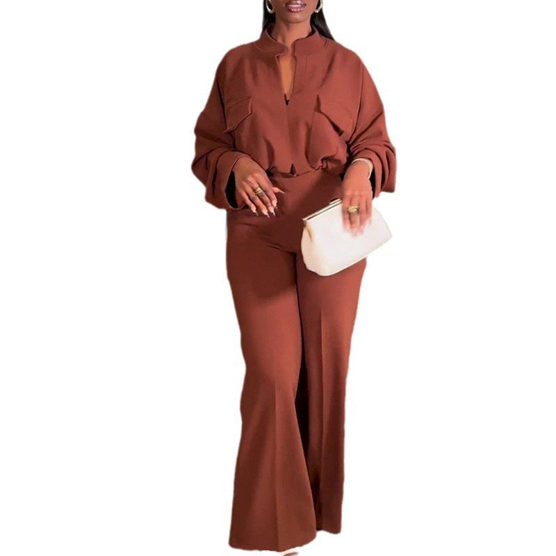 Casual V-neck Long Sleeve Top Wide-leg Trousers Suit null