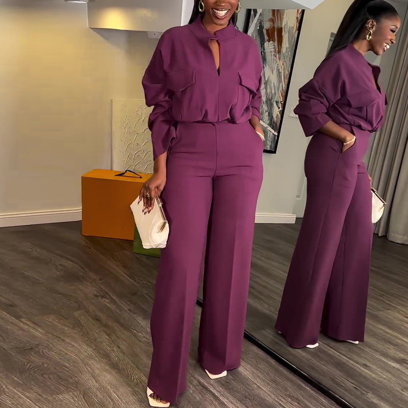 Casual V-neck Long Sleeve Top Wide-leg Trousers Suit null