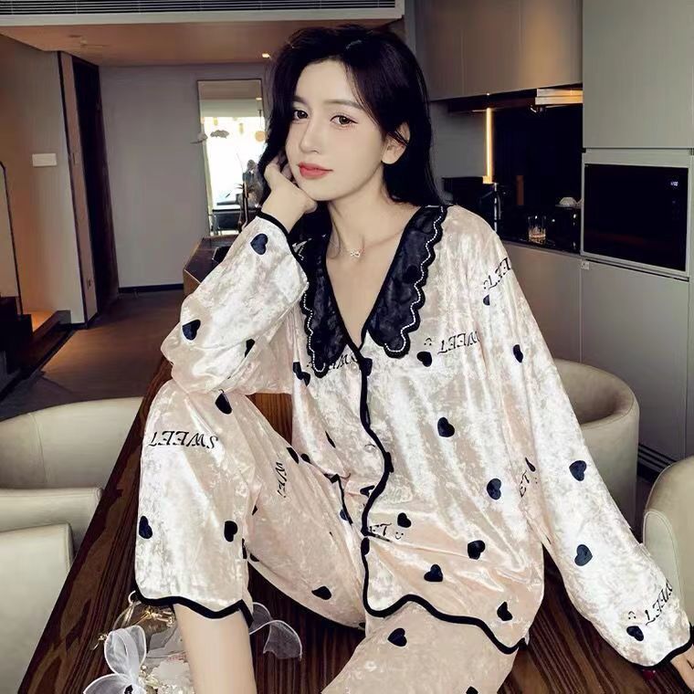 Women's Simple Printed Velvet Long Sleeves Trousers Pajamas Suit null