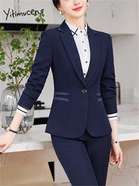 Yitimuceng Blue 2 Piece Sets Office Wear Women 2024 New Fashion Turn Down Collar Slim Single Button Blazers Chic Pant Suits