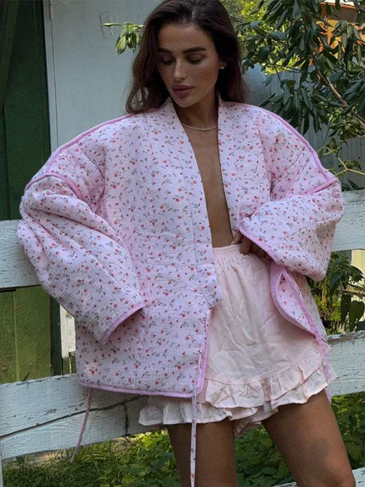 Floral Printed Women's Coat Lace up Solid Color Coat Casual Loose 2025 Early Spring Warm Coats Fashion New Ladies Outerwear