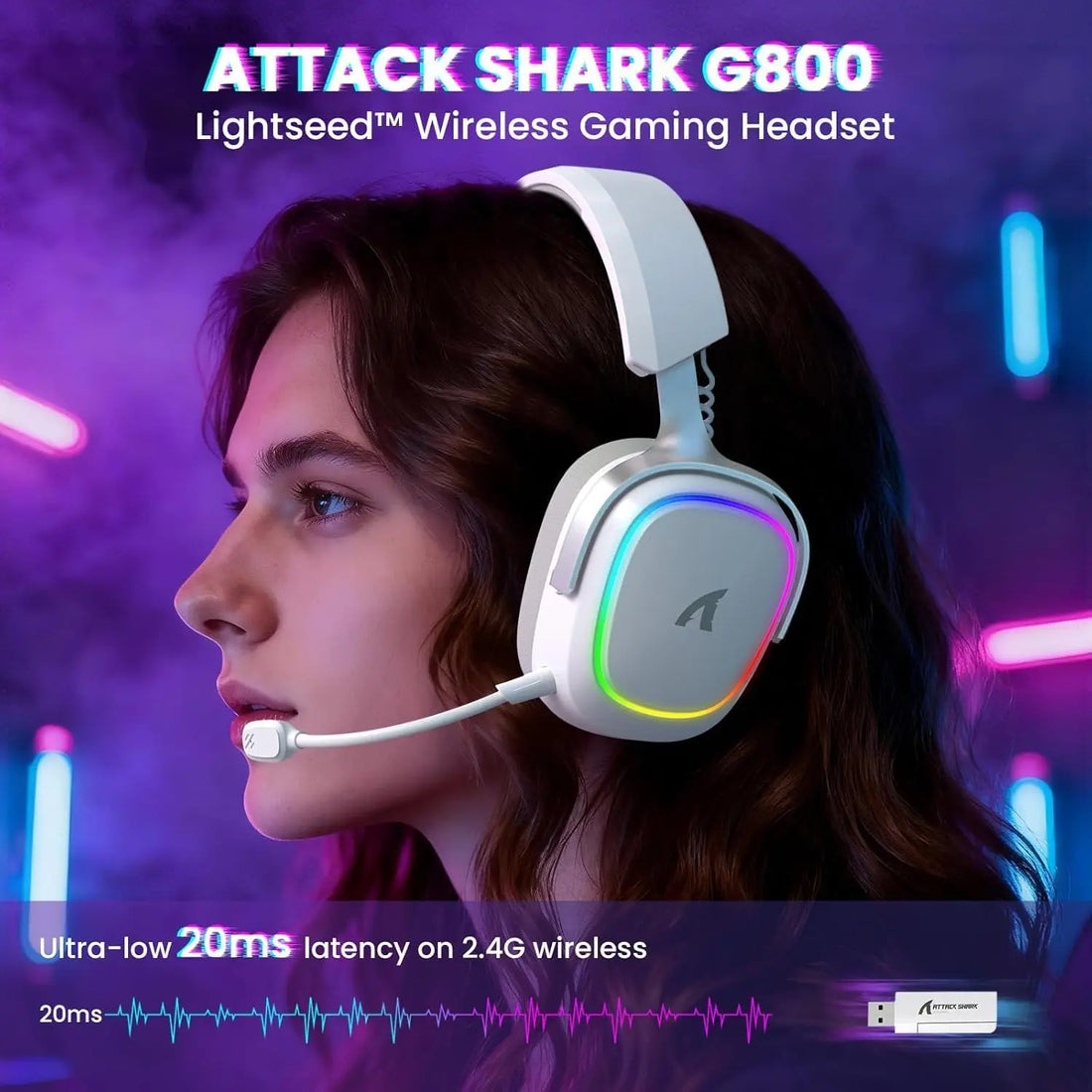 ATTACK SHARK G800 Wireless RGB Gaming Headset:7.1 Surround Sound-50mm Drivers-Memory Foam Ear Pads,Wired/2.4Ghz/BT