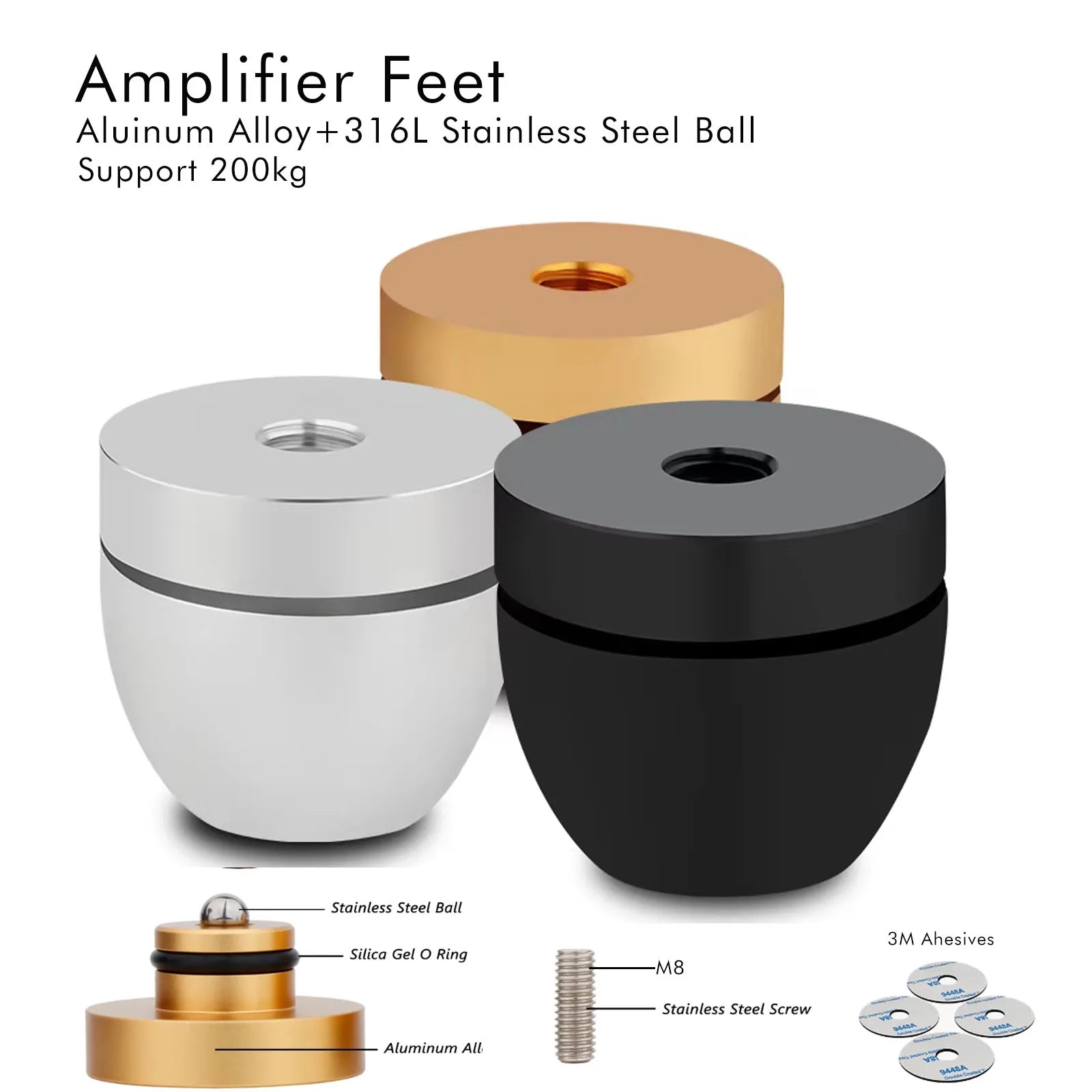 HiFi 4Pcs Amplifier Feet Aluminum Alloy Stainless Steel Ball with M8 Screw Shock Absorber Pad Feet Stands for Speakers 33*30MM