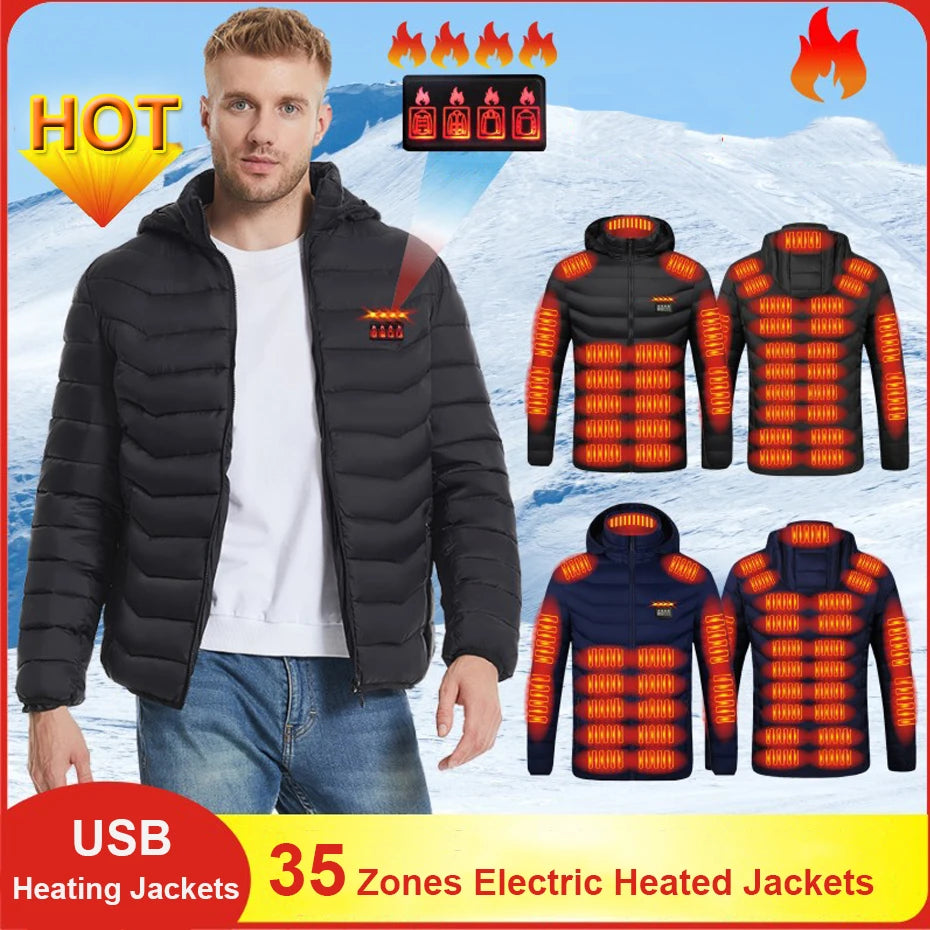 USB Heating Jackets Men Winter Warm Heated Parkas 35 Zones Electric Heated Jackets Warm Padded Jacket Coat Plus Size 5XL
