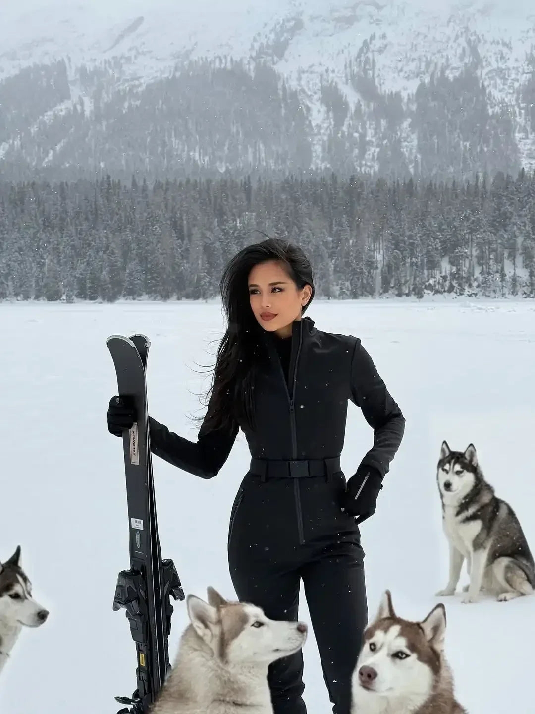 Fashion Women Slim Black Stand Collar Skiwear Chic Full Sleeve Waist Cinching High Waist Jumpsuits 2026 Lady Classic Bodysuit