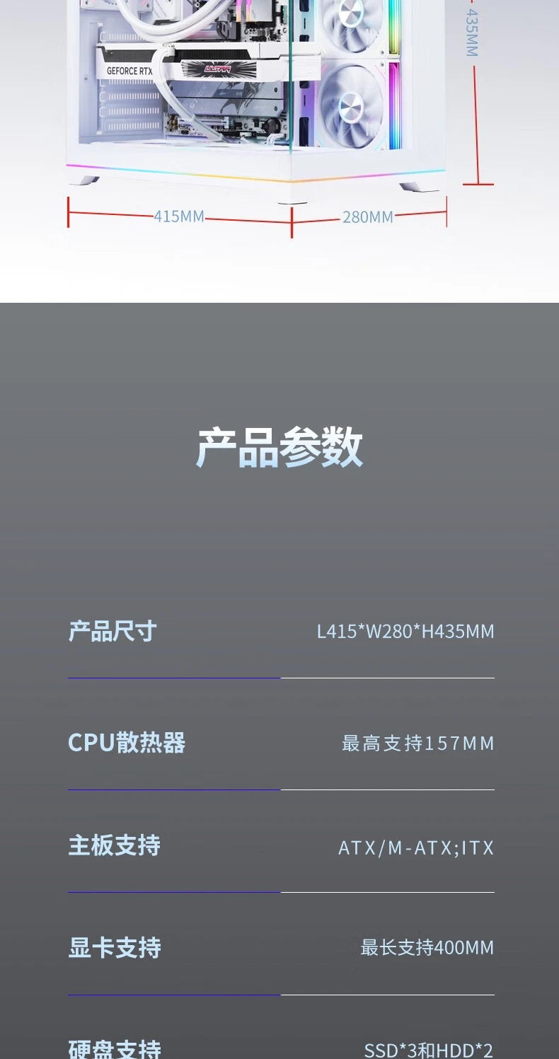 PLUS Rainbow Version White, Panoramic Version Sea View Room Computer Case (360 Water Cooling/ATX Main Board /ARGB Light Bar