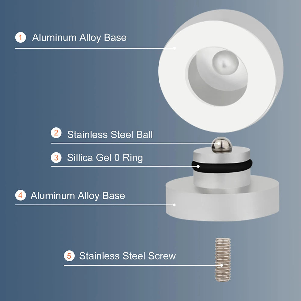 HiFi 4Pcs Amplifier Feet Aluminum Alloy Stainless Steel Ball with M8 Screw Shock Absorber Pad Feet Stands for Speakers 33*30MM