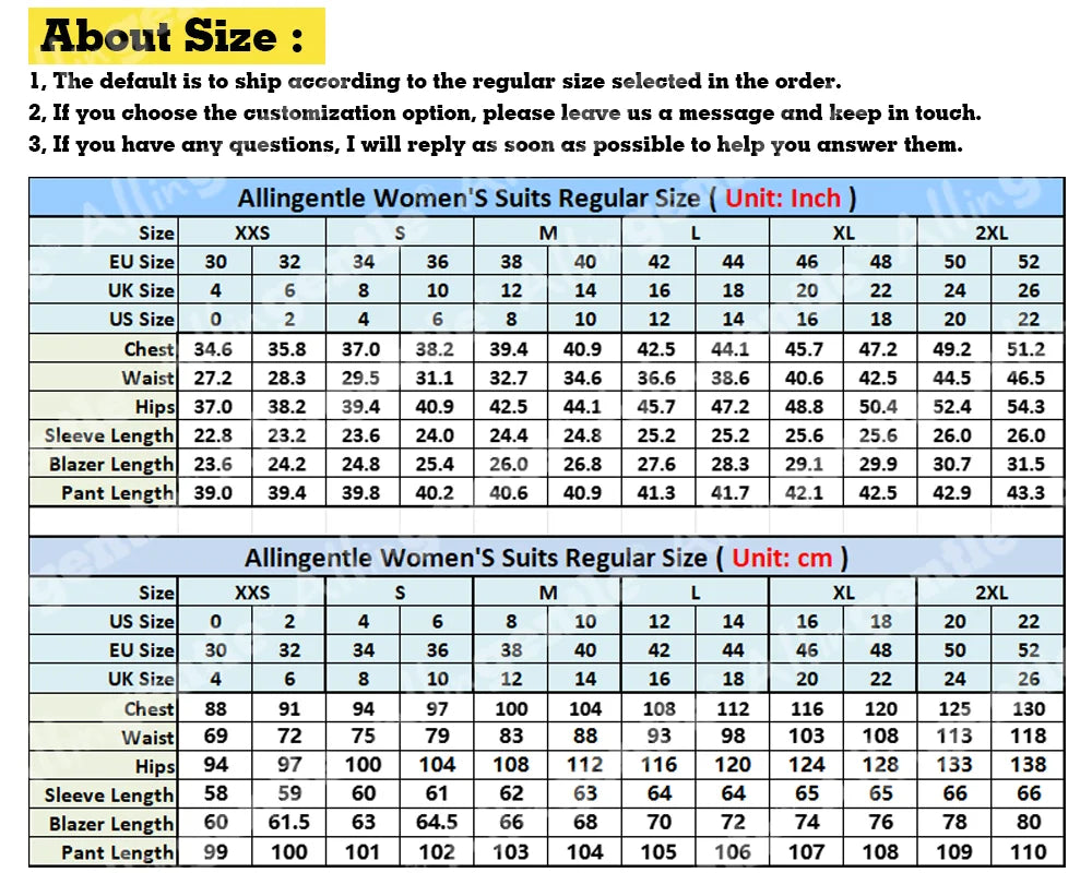 Allingentle Women Pants Suits Long Sleeve Regular Fit Single Button 2 Piece Set for Party - Top Women's Fashion Suit Customized
