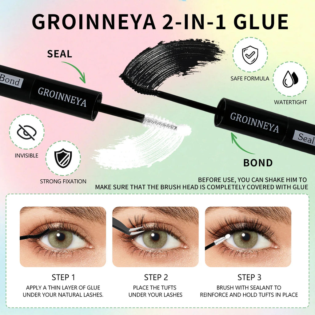 GROINNEYA DIY Lash Clusters Kit Mixed Tray Eyelash Extension Full Set Individual Lashes with Lash Bond&Seal and Tweezers Tool