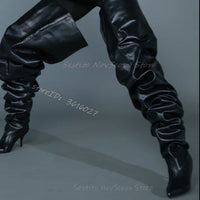 Black Loose Over The Knee Boots Pointed Toe Leather Classic Long Booties Sewing Wrinkles Thigh High Cool Girl Sexy Ladies Shoes