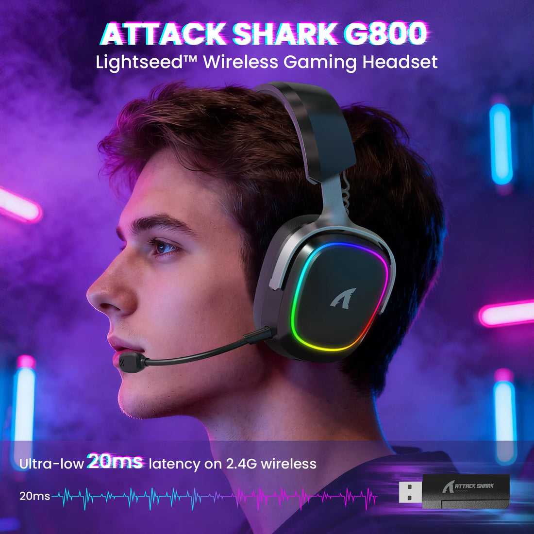 ATTACK SHARK G800 Wireless Gaming Headset, 1000 mAh, Detachable Mics, Aluminum alloy frame, 3D Surround Sound, 20ms low latency